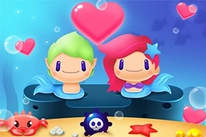 Hai nhân vật hoạt hình dưới nước với mái tóc xanh lá và hồng, phía trên là bong bóng trái tim, xung quanh có các sinh vật biển và các vật trang trí đầy màu sắc