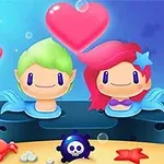 Hai nhân vật hoạt hình dưới nước với mái tóc xanh lá và hồng, phía trên là bong bóng trái tim, xung quanh có các sinh vật biển và các vật trang trí đầy màu sắc