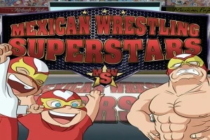 Ba nhân vật hoạt hình đeo mặt nạ đô vật trên nền chữ Mexican Wrestling Superstars với trang phục màu đỏ và vàng
