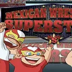 Ba nhân vật hoạt hình đeo mặt nạ đô vật trên nền chữ Mexican Wrestling Superstars với trang phục màu đỏ và vàng