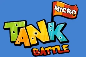 Dòng chữ Micro Tank Battle đầy màu sắc trên nền xanh dương với lá cờ nhỏ phía trên