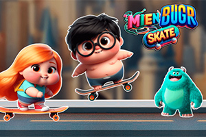 Ba nhân vật hoạt hình dễ thương đang trượt ván trên đường phố với chữ Miền Bugr Skate ở góc trên