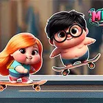 Ba nhân vật hoạt hình dễ thương đang trượt ván trên đường phố với chữ Miền Bugr Skate ở góc trên