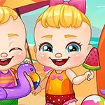 Hai em bé vui vẻ trên bãi biển, cầm đồ ăn và phao bơi hình con chim