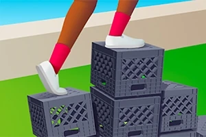 Người đang bước lên mấy thùng nhựa xếp chồng, mang giày trắng và vớ hồng