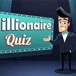 Nhân vật hoạt hình mặc vest đứng cạnh bảng hiệu lớn với chữ Millionaire Quiz dưới ánh đèn sân khấu