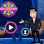 Một nhân vật hoạt hình mặc vest đứng trên sân khấu với hai chiếc ghế trống, bên cạnh các biểu tượng trò chơi và chữ MILLIONAIRE trên nền xanh