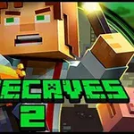 Nhân vật khối vuông cầm đuốc và kim cương với chữ MINECAVES 2 nổi bật phía trước