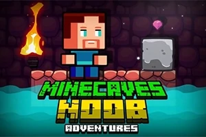 Nhân vật pixel đứng trên bờ đá với ngọn đuốc, khối đá và viên kim cương lấp lánh bên cạnh, cùng dòng chữ MINECAVES NOOB ADVENTURES