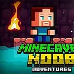Nhân vật pixel đứng trên bờ đá với ngọn đuốc, khối đá và viên kim cương lấp lánh bên cạnh, cùng dòng chữ MINECAVES NOOB ADVENTURES