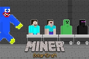 Các nhân vật pixel ngồi trên xe trượt trong một cảnh nền gạch xám với văn bản Miner GokartCraft phía dưới