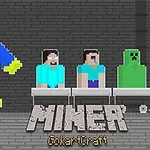 Các nhân vật pixel ngồi trên xe trượt trong một cảnh nền gạch xám với văn bản Miner GokartCraft phía dưới