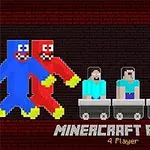 Các nhân vật hoạt hình pixel ngồi trên các toa tàu nhỏ, với tiêu đề Minecraft Party 4 Player phía dưới