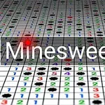 Bảng số và biểu tượng quả mìn với hiệu ứng ánh sáng đỏ kèm dòng chữ Minesweeper