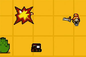 Nhân vật pixel đội mũ đỏ tay cầm kiếm, vụ nổ và một bụi cây trên nền ô vuông màu vàng