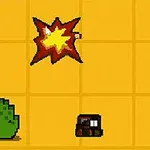 Nhân vật pixel đội mũ đỏ tay cầm kiếm, vụ nổ và một bụi cây trên nền ô vuông màu vàng