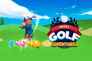 Một nhân vật cầm gậy golf trên đồng cỏ xanh với những viên đá quý nhiều màu và logo Mini Golf Adventures