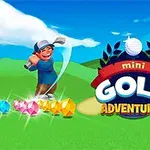 Một nhân vật cầm gậy golf trên đồng cỏ xanh với những viên đá quý nhiều màu và logo Mini Golf Adventures