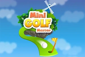 Hình ảnh có chữ Mini Golf Master với hình đồ họa quả bóng golf và cờ, cùng phong cảnh nền xanh và cối xay gió nhỏ