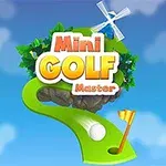Hình ảnh có chữ Mini Golf Master với hình đồ họa quả bóng golf và cờ, cùng phong cảnh nền xanh và cối xay gió nhỏ