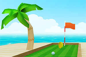 Cảnh một sân golf nhỏ với cờ màu cam, cây cọ bên cạnh và biển xanh phía xa