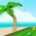 Cảnh một sân golf nhỏ với cờ màu cam, cây cọ bên cạnh và biển xanh phía xa