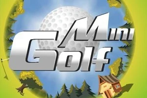 Hình ảnh có chữ Mini Golf lớn phía trước quả bóng golf với nền cảnh cây cối và ngôi nhà nhỏ