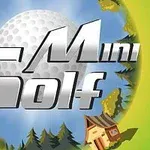 Hình ảnh có chữ Mini Golf lớn phía trước quả bóng golf với nền cảnh cây cối và ngôi nhà nhỏ
