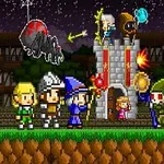 Các nhân vật pixel đang chuẩn bị chiến đấu trước một lâu đài, có một con rồng bay và bắn lửa trên bầu trời đêm