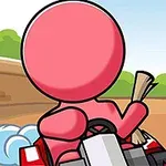 Người nhân vật màu hồng đang lái xe kart trên đường đất có cảnh quan xanh xung quanh