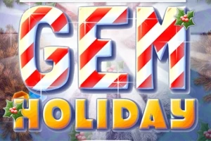 Chữ GEM HOLIDAY nổi bật với thiết kế đỏ trắng và cam, được trang trí với hình cây tầm gửi