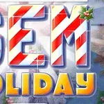 Chữ GEM HOLIDAY nổi bật với thiết kế đỏ trắng và cam, được trang trí với hình cây tầm gửi