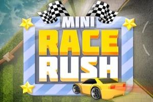 Hình ảnh có dòng chữ Mini Race Rush với hai cờ đua caro phía trên và một chiếc xe hơi màu vàng phía trước
