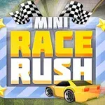 Hình ảnh có dòng chữ Mini Race Rush với hai cờ đua caro phía trên và một chiếc xe hơi màu vàng phía trước