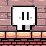 Nhân vật hình vuông màu trắng với hai mắt đen đơn giản đứng trên nền gạch pixel màu hồng và cam