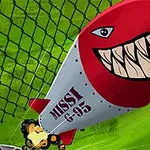 Tên lửa hoạt hình với khuôn mặt hung dữ và lưới màu xanh lá cây phía sau