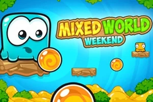 Hình ảnh có một nhân vật hình vuông màu xanh với đôi mắt to, đứng trên nền xanh và chữ Mixed World Weekend nổi bật phía trên