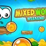 Hình ảnh có một nhân vật hình vuông màu xanh với đôi mắt to, đứng trên nền xanh và chữ Mixed World Weekend nổi bật phía trên