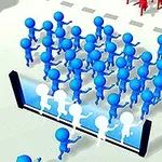 Hình ảnh hiển thị một nhóm nhân vật màu xanh đang chạy về phía trước, vượt qua một cánh cổng, với một đội quân nhân vật màu đỏ ở phía xa