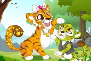 Hai chú hổ hoạt hình đang vui chơi trong một khu rừng, một chú đeo nơ hồng với đuôi trang trí sao, chú kia mặc áo vest