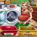 Một người phụ nữ đứng cạnh máy giặt, với hai thùng nhựa ghi Toys và Clothes trên sàn