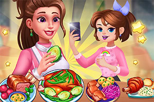 Hai nhân vật hoạt hình nữ vui vẻ đang chụp ảnh cùng nhiều món ăn như gà nướng, bánh ngọt và rau củ