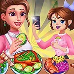 Hai nhân vật hoạt hình nữ vui vẻ đang chụp ảnh cùng nhiều món ăn như gà nướng, bánh ngọt và rau củ