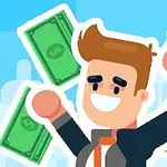 Nhân vật hoạt hình vui vẻ với tóc nâu đang giơ tay cầm nhiều tờ tiền đô la