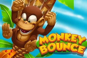 Khỉ vui nhảy múa trên cây cọ với bầu trời xanh và chữ Monkey Bounce