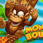 Khỉ vui nhảy múa trên cây cọ với bầu trời xanh và chữ Monkey Bounce
