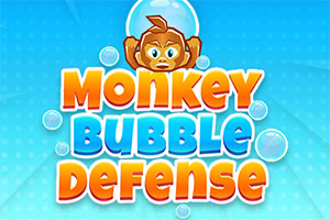 Chữ Monkey Bubble Defense màu cam và xanh với hình con khỉ đội bong bóng ở phía trên, nền màu xanh dương nhạt