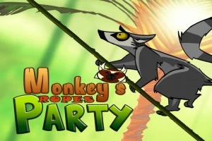 Một con vượn đang leo dây với nền rừng xanh và ánh sáng mặt trời, chữ Monkeys Ropes Party ở phía trước