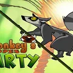 Một con vượn đang leo dây với nền rừng xanh và ánh sáng mặt trời, chữ Monkeys Ropes Party ở phía trước