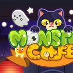 Mèo đen với mắt to và hai bóng ma nổi bật trên chữ Monster Cafe với các ngôi sao nhỏ xung quanh trên nền tối